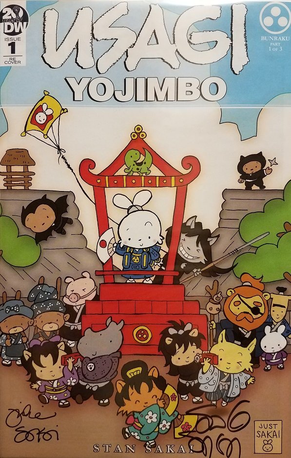Variant Cover of Usai Yojimbo #1 featuring Chibi Usagi (artwork by Julie Fujii Sakai). This issue was published by IDW Publishing. It is an exclusive variant only sold at conventions and special events. The cover was signed by Stan Sakai and Julie Fujii Sakai at a signing event held in September of 2019 at Other Realms Ltd., a comic book and collectibles shop in Honolulu, Hawaii.
