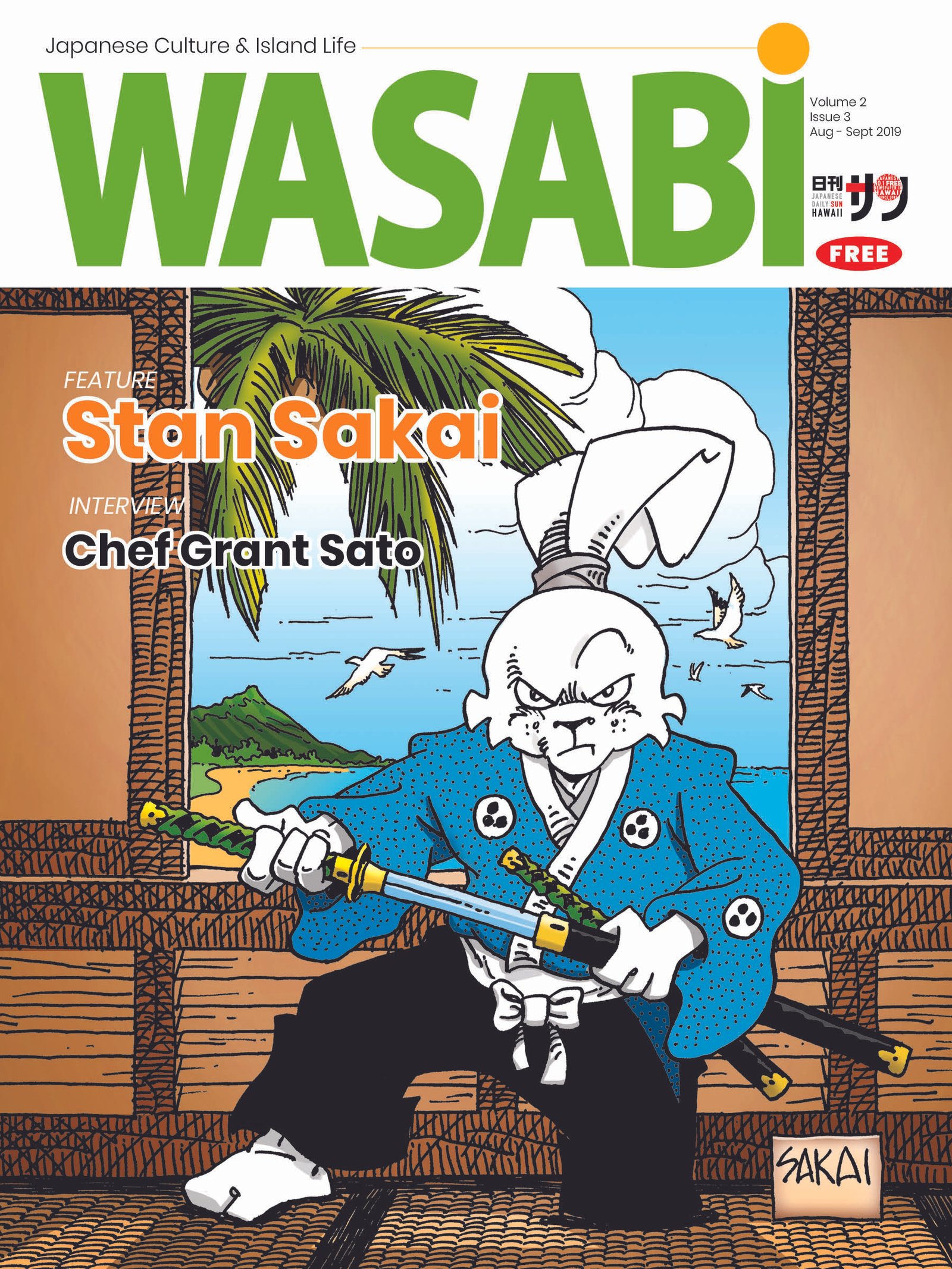 The cover of the August-September 2019 (Volume 2 Issue 3) issue of Wasabi magazine. Features original artwork of Miyamoto Usagi (Usagi Yojimbo) by Stan Sakai. Coloring by Jason Nobriga. Courtesy of Wasabi magazine (www.readwasabi.com).